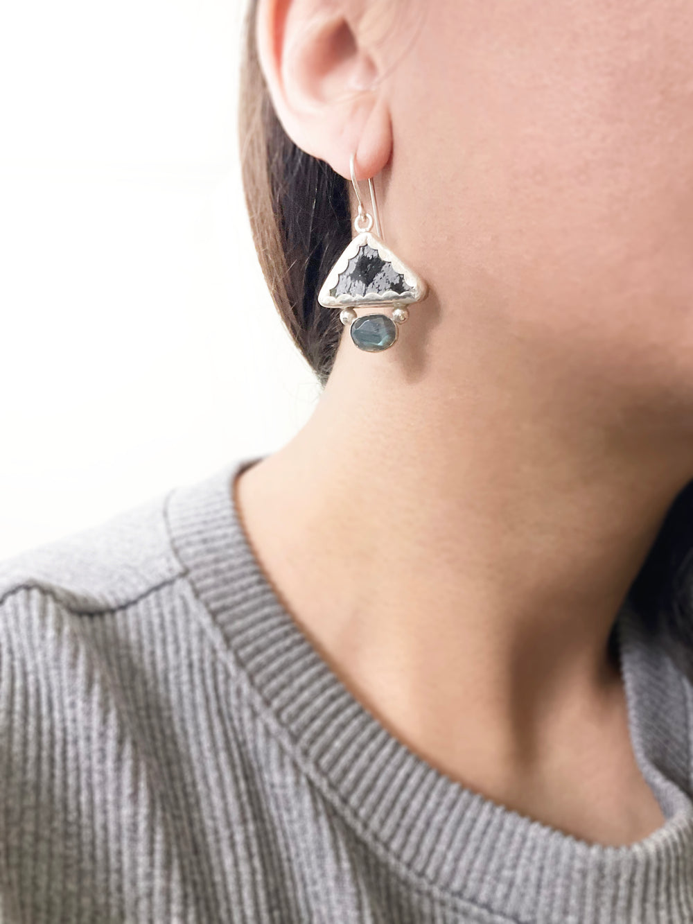 Storm Earrings: Sterling Silver + Snowflake Obsidian + Labradorite