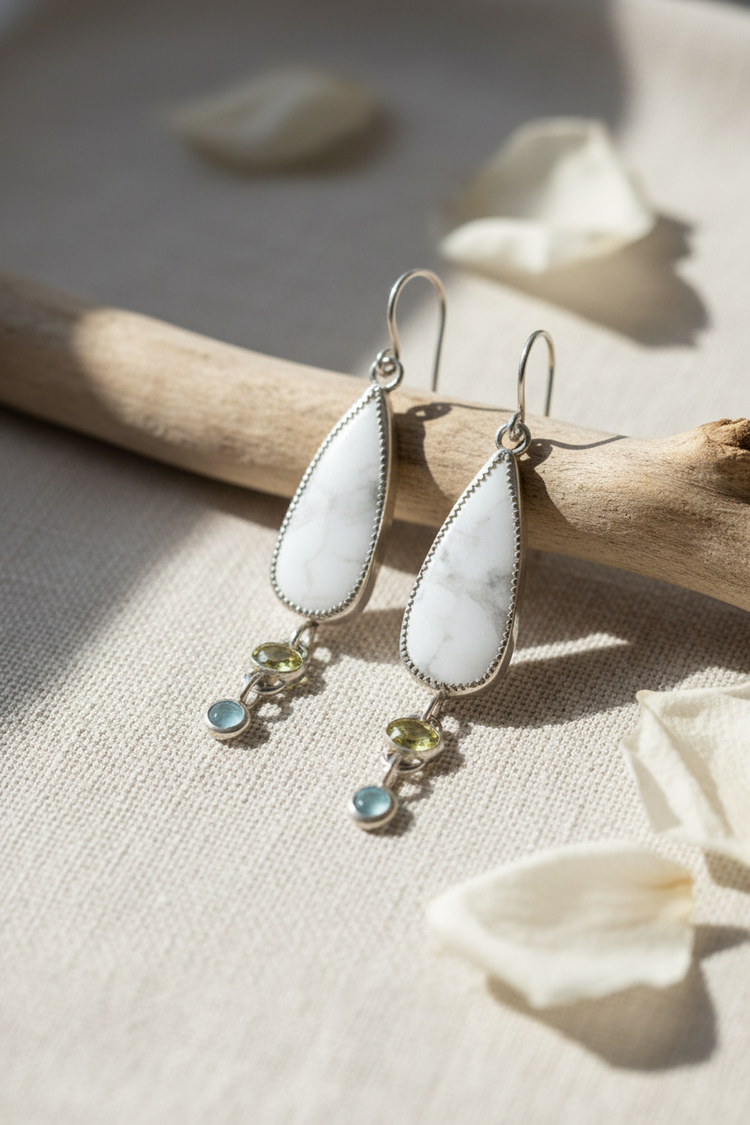 Sunkissed Earrings: Sterling Silver + Howlite + Peridot + Blue Chalcedony