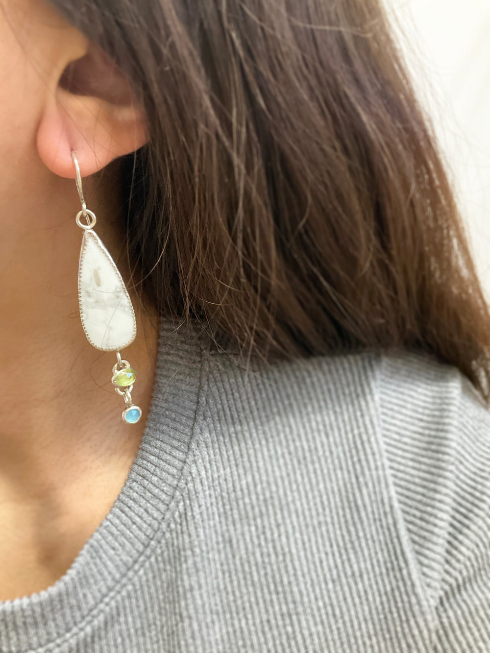 Sunkissed Earrings: Sterling Silver + Howlite + Peridot + Blue Chalcedony