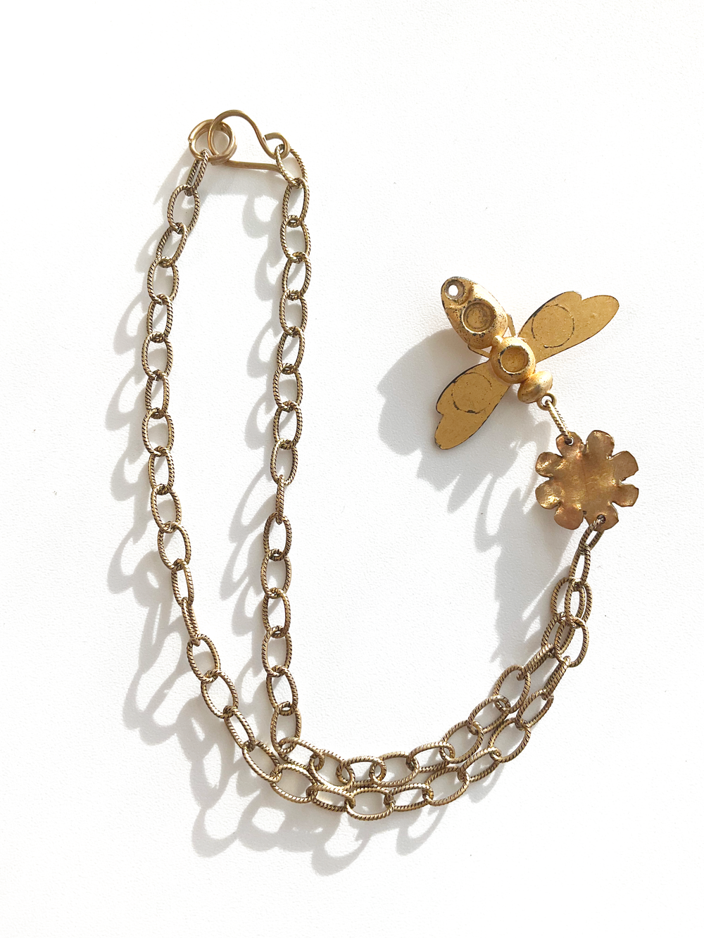 Buzz Necklace: Vintage Bee Charm + Green Onyx + Brass • 14"