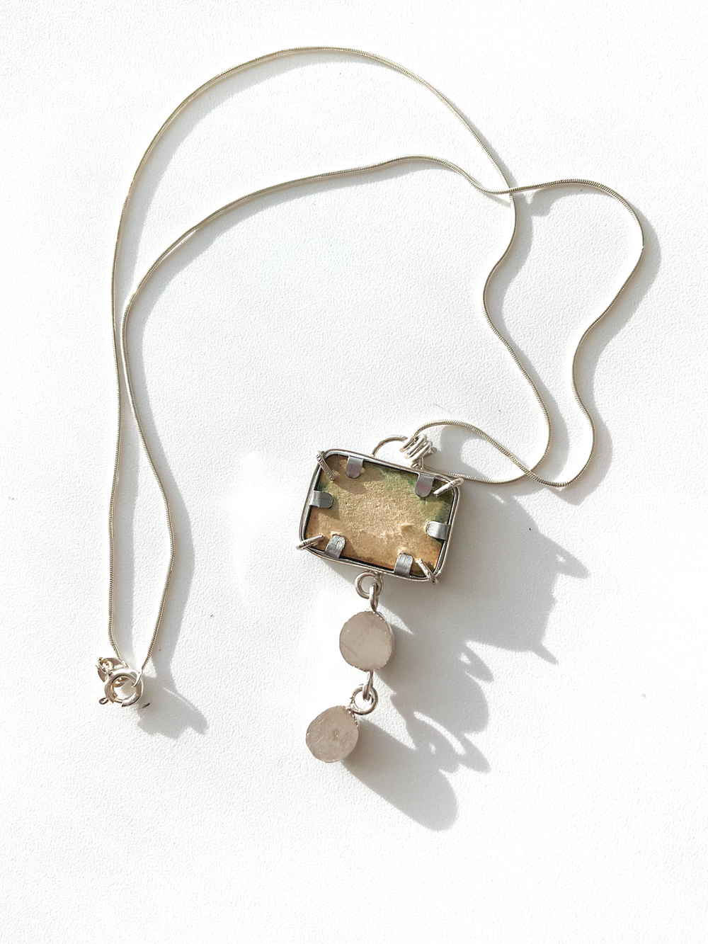 Typewriter Necklace: Antique Typewriter Key + Moss Agate + Freshwater Pearl + Sterling Silver • 18"