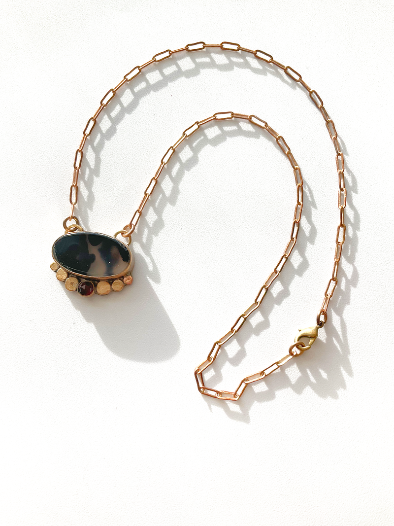 Dark Beauty Necklace ◇ Montana Agate + Red Garnet + Gold Brass ◇ 14"