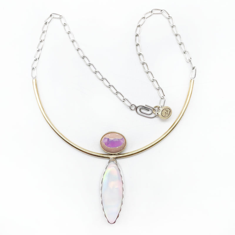 Galactic Grace Necklace: Galaxy Opal + Aurora Opal + Sterling Silver + Brass, 15"
