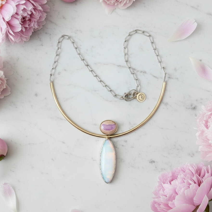 Galactic Grace Necklace: Galaxy Opal + Aurora Opal + Sterling Silver + Brass, 15"