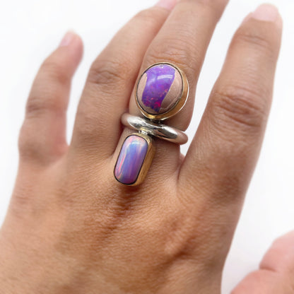 Stardust Ring: Galaxy Opal + Aurora Opal + Sterling Silver + Brass • Size 6