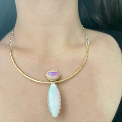 Galactic Grace Necklace: Galaxy Opal + Aurora Opal + Sterling Silver + Brass, 15"