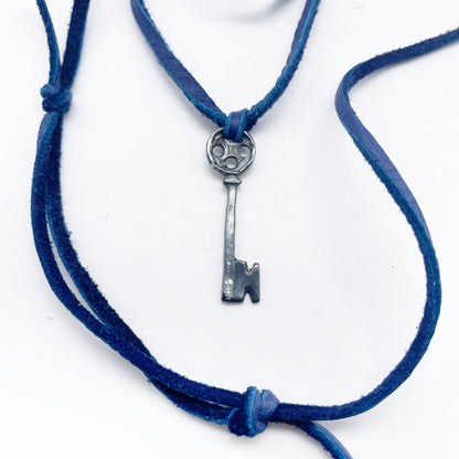 Button Key Necklace • Sterling Silver + Deer Lace Leather •  Adjustable 16"-28"