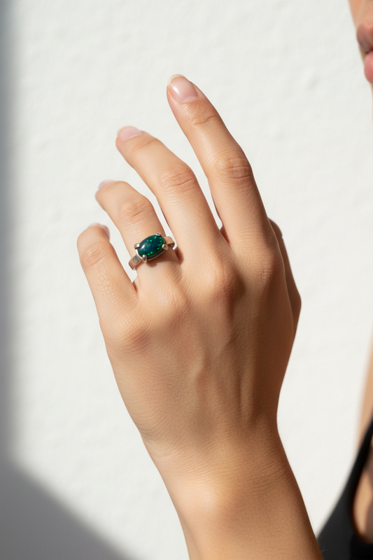 Handcrafted Ancient Bronze Black Opal Ring – Artisan Statement Piece for Elevated, Intentional Style – Size 8