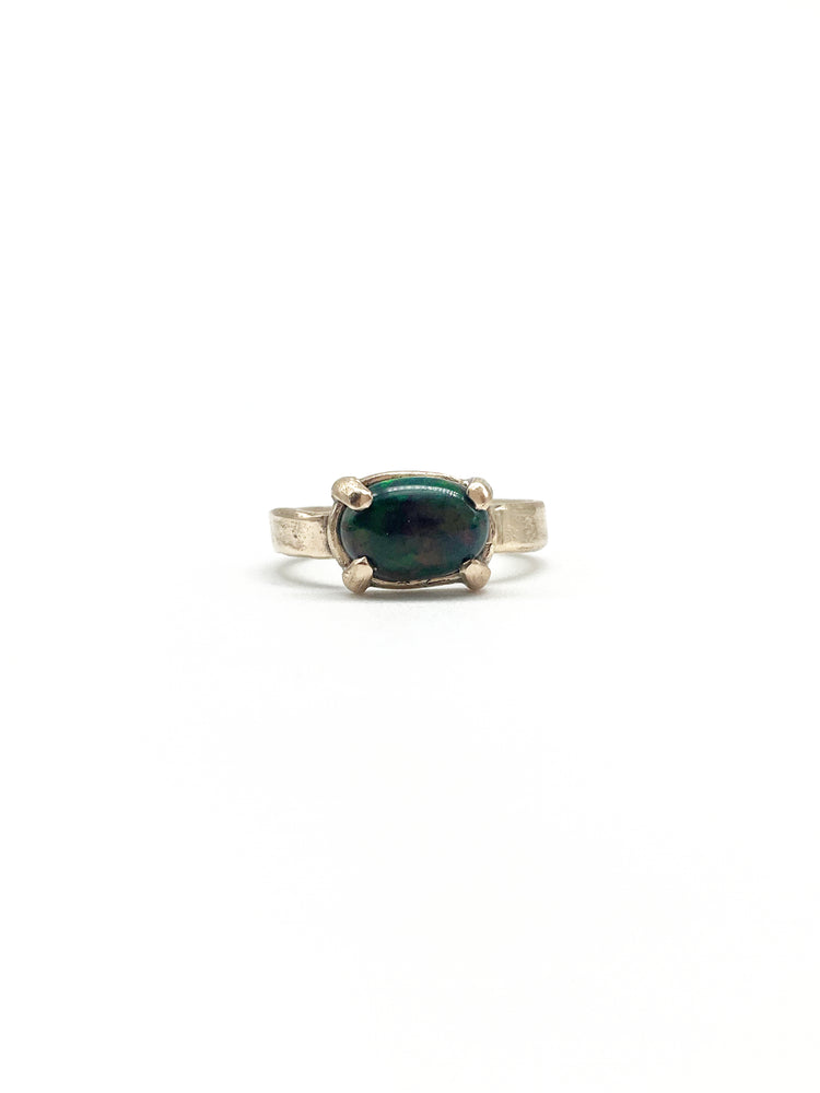 Handcrafted Ancient Bronze Black Opal Ring – Artisan Statement Piece for Elevated, Intentional Style – Size 8