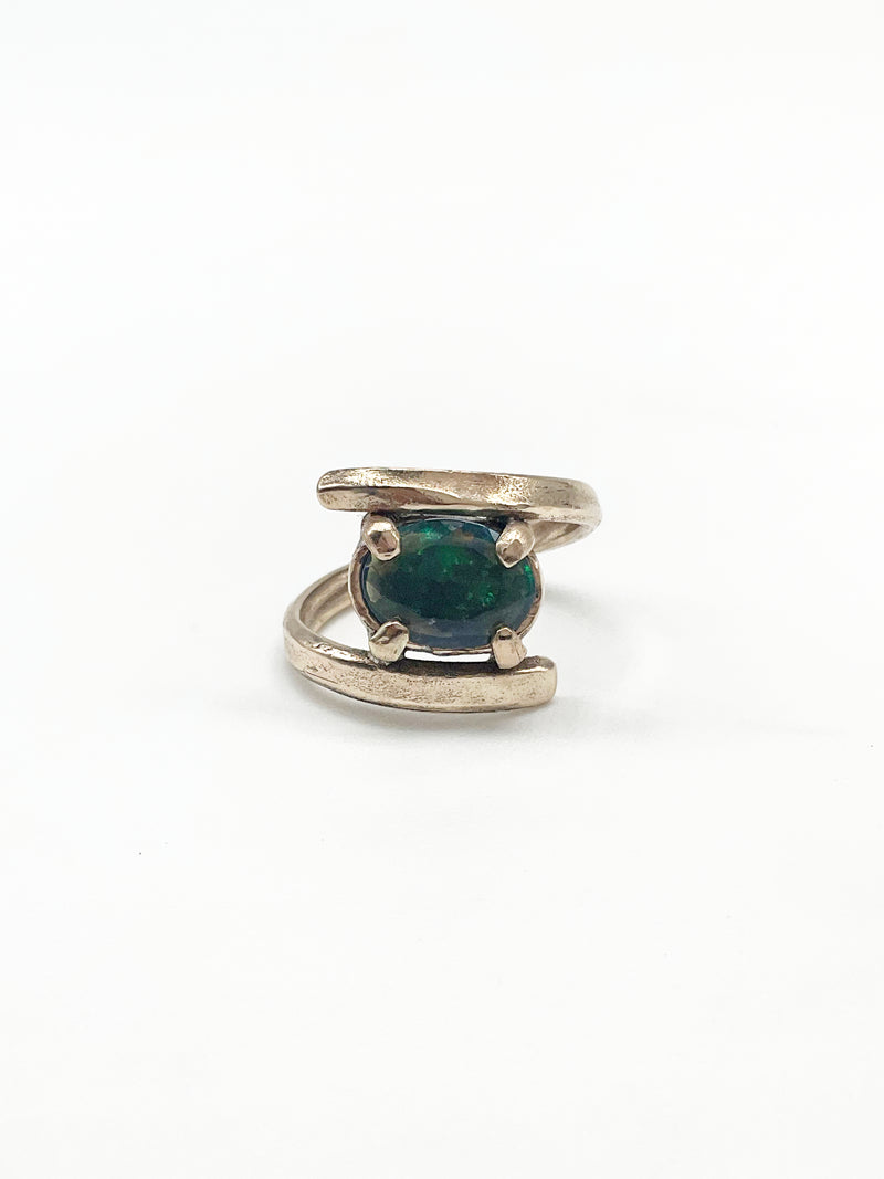 Handcrafted Ancient Bronze Black Opal Ring – Unique Artisan Statement Ring for Creative Souls – Size 6.5