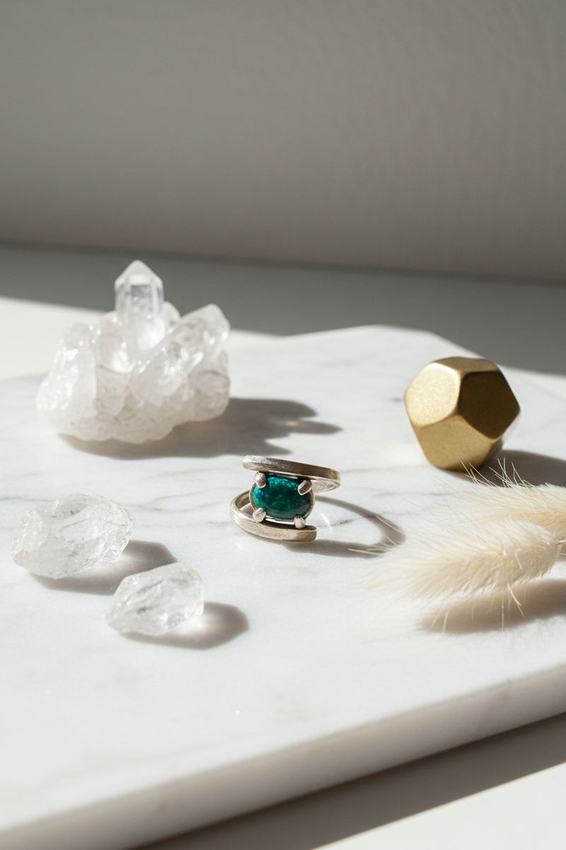 Handcrafted Ancient Bronze Black Opal Ring – Unique Artisan Statement Ring for Creative Souls – Size 6.5