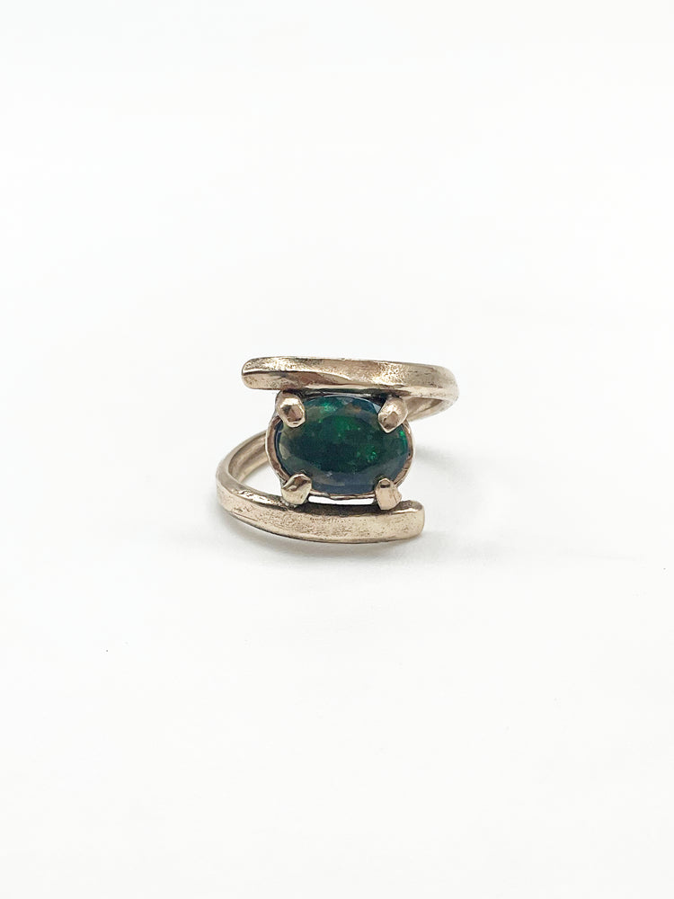 Handcrafted Ancient Bronze Black Opal Ring – Unique Artisan Statement Ring for Creative Souls – Size 6.5