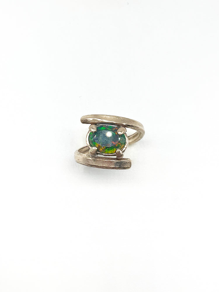 Handcrafted Ancient Bronze Black Opal Ring – Unique Artisan Statement Ring for Creative Souls – Size 6.5