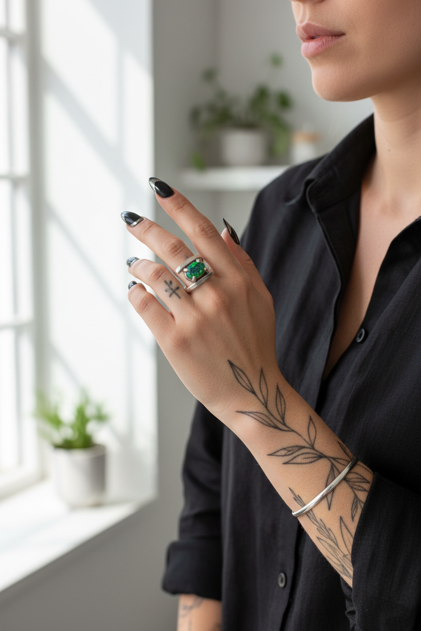 Handcrafted Ancient Bronze Black Opal Ring – Unique Artisan Statement Ring for Creative Souls – Size 6.5