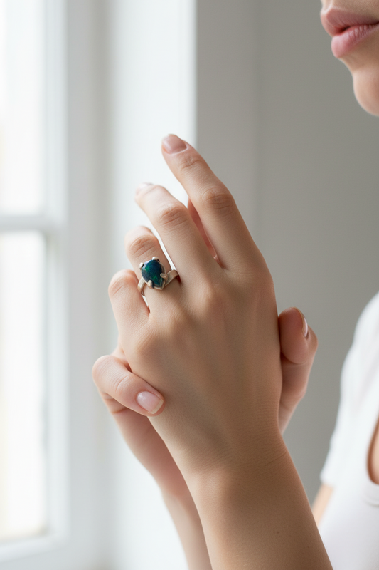 Handcrafted Ancient Bronze Black Opal Ring – Bold Artisan Jewelry for Modern Bohemian Style – Size 7