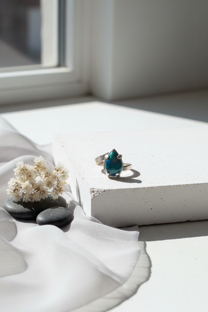 Handcrafted Ancient Bronze Black Opal Ring – Bold Artisan Jewelry for Modern Bohemian Style – Size 7