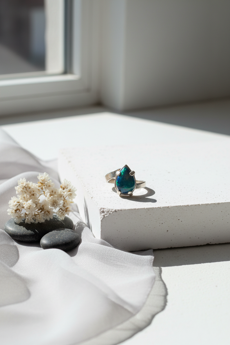 Handcrafted Ancient Bronze Black Opal Ring – Bold Artisan Jewelry for Modern Bohemian Style – Size 7