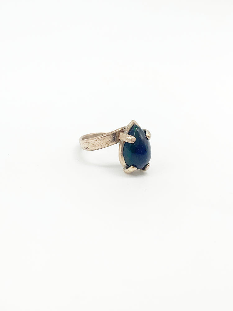 Handcrafted Ancient Bronze Black Opal Ring – Bold Artisan Jewelry for Modern Bohemian Style – Size 7