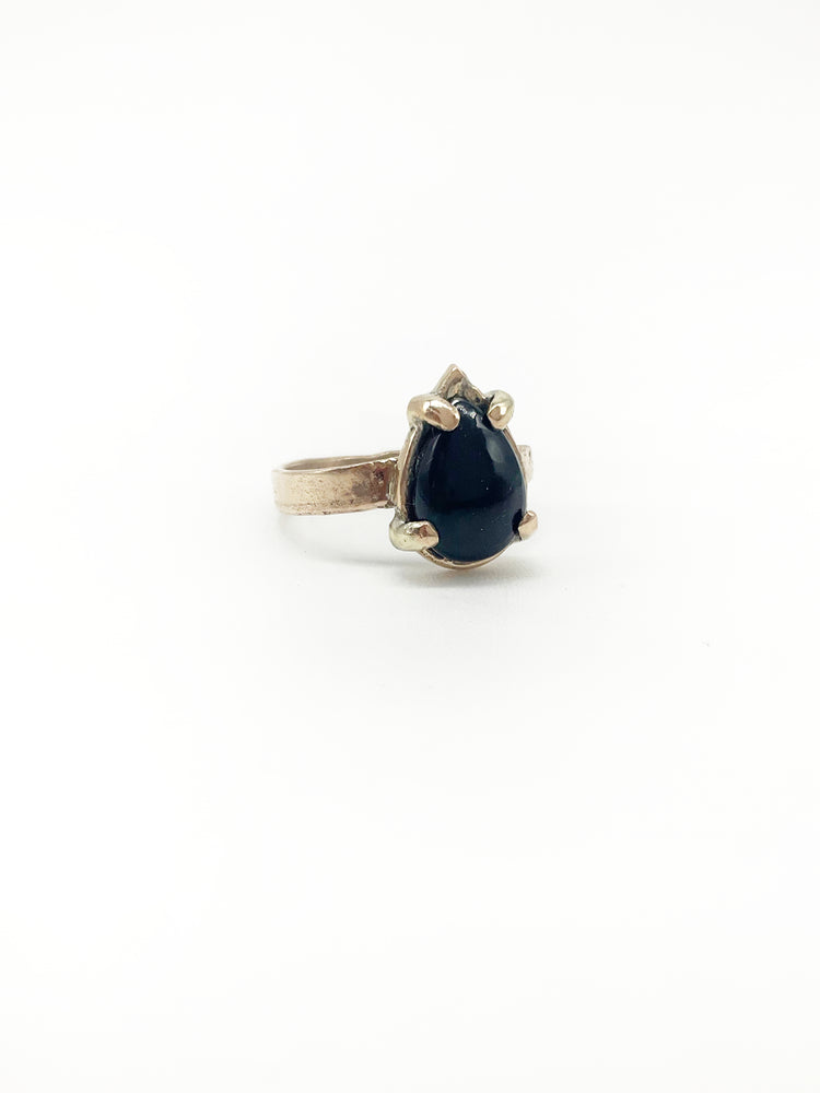 Handcrafted Ancient Bronze Black Opal Ring – Artisan Statement Ring for Modern Mystics – Size 7.75