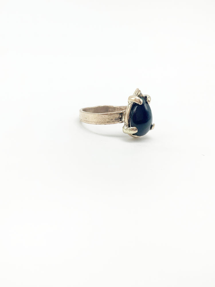Handcrafted Ancient Bronze Black Opal Ring – Artisan Statement Ring for Modern Mystics – Size 7.75