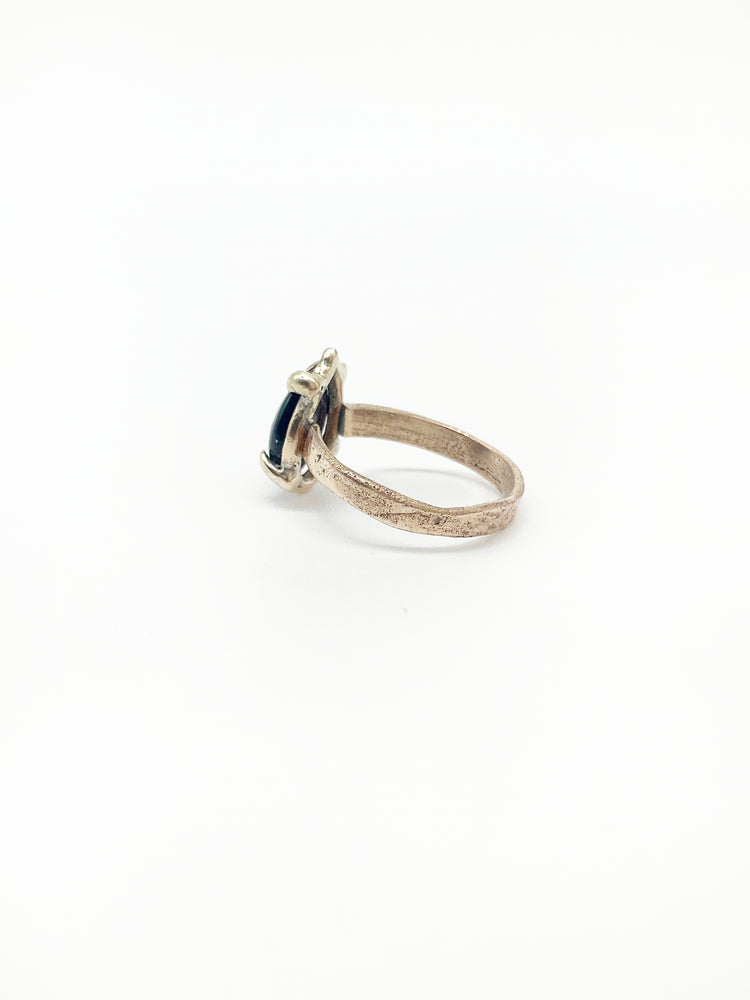 Handcrafted Ancient Bronze Black Opal Ring – Artisan Statement Ring for Modern Mystics – Size 7.75