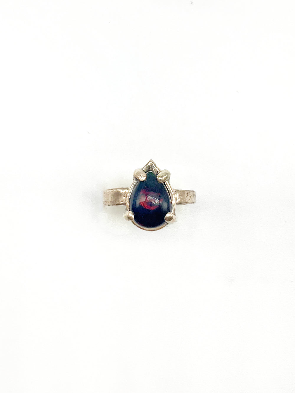 Handcrafted Ancient Bronze Black Opal Ring – Artisan Statement Ring for Modern Mystics – Size 7.75