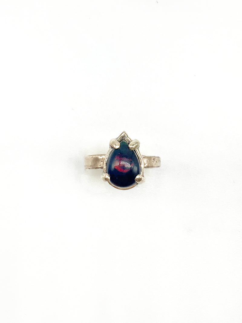 Handcrafted Ancient Bronze Black Opal Ring – Artisan Statement Ring for Modern Mystics – Size 7.75