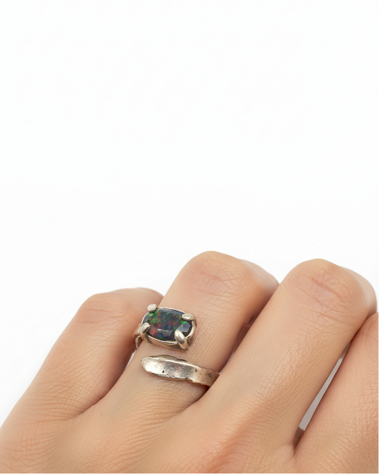 Handcrafted Ancient Bronze Black Opal Ring – One-of-a-Kind Statement Ring for Artistic, Soulful Women – Size 7