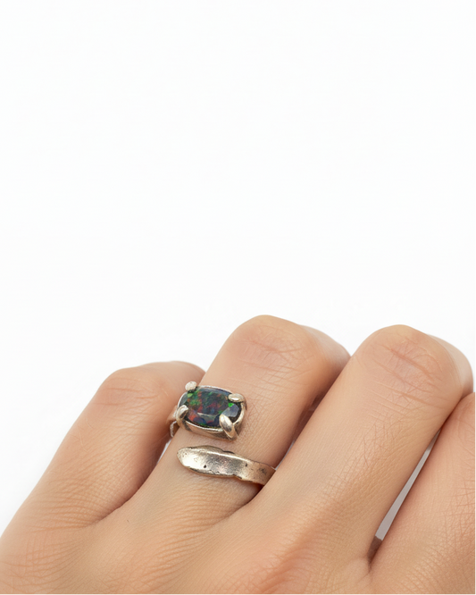 Handcrafted Ancient Bronze Black Opal Ring – One-of-a-Kind Statement Ring for Artistic, Soulful Women – Size 7