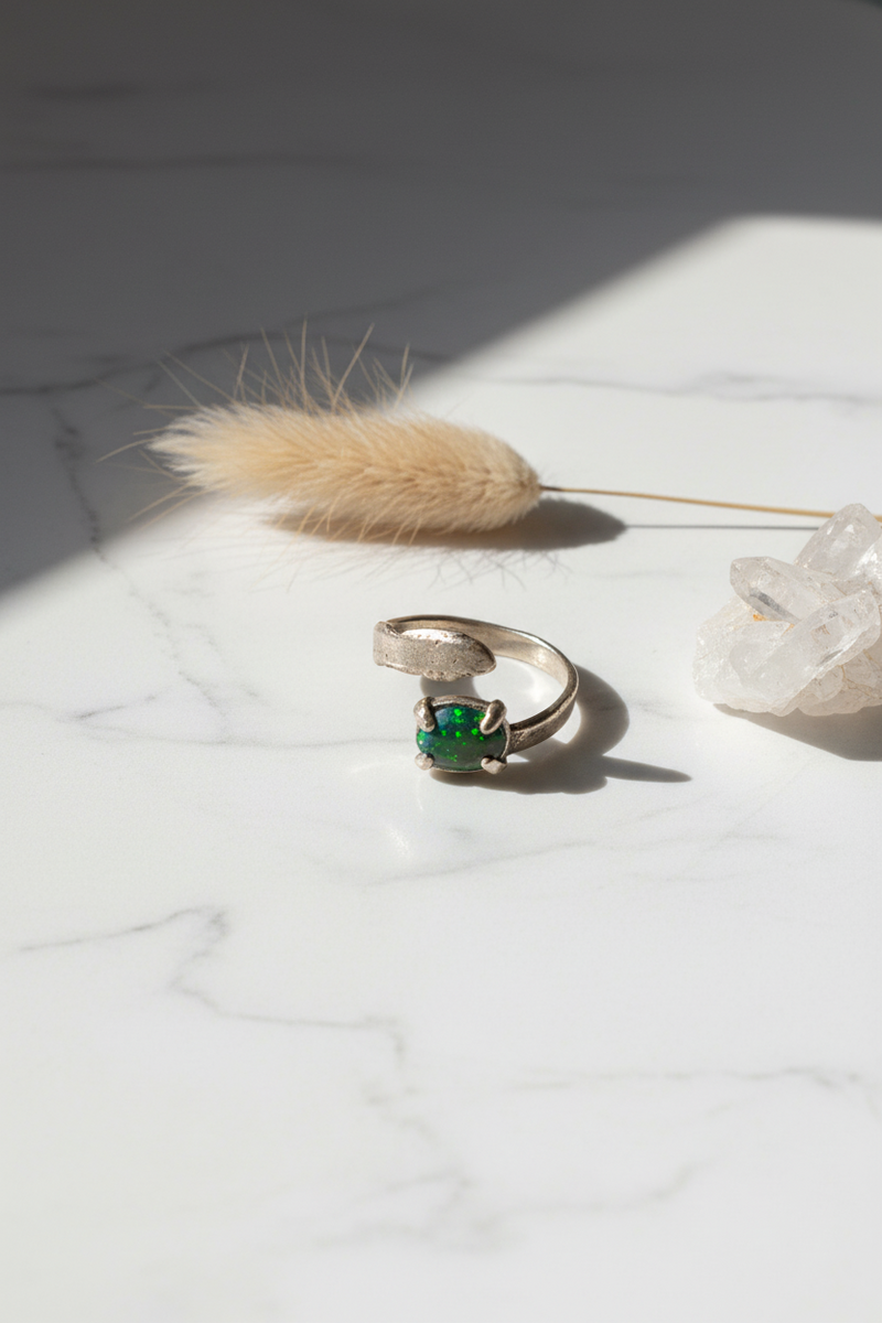 Handcrafted Ancient Bronze Black Opal Ring – One-of-a-Kind Statement Ring for Artistic, Soulful Women – Size 7