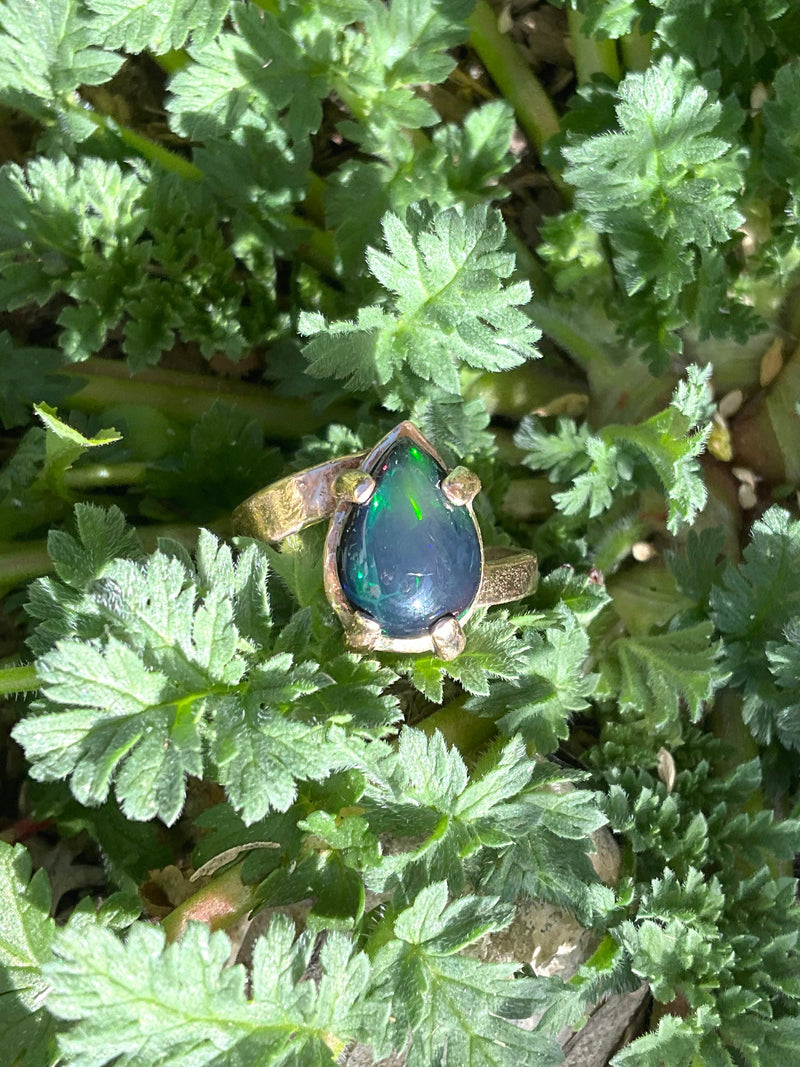 Handcrafted Ancient Bronze Black Opal Ring – Bold Artisan Jewelry for Modern Bohemian Style – Size 7