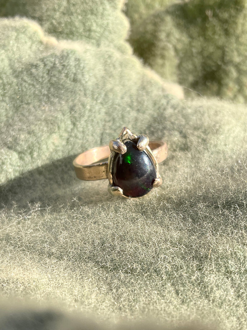 Handcrafted Ancient Bronze Black Opal Ring – Artisan Statement Ring for Modern Mystics – Size 7.75