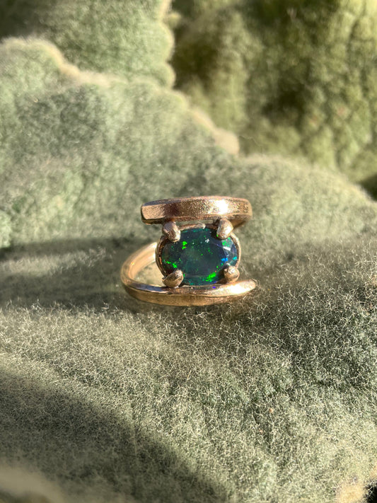 Handcrafted Ancient Bronze Black Opal Ring – Unique Artisan Statement Ring for Creative Souls – Size 6.5