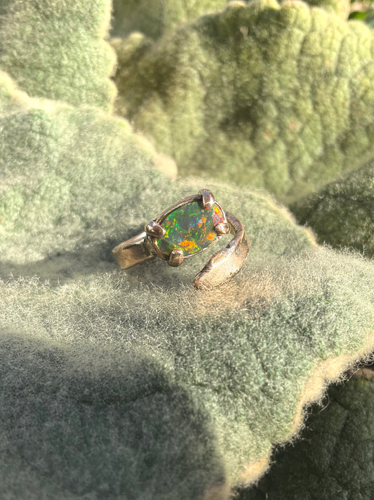 Handcrafted Ancient Bronze Black Opal Ring – One-of-a-Kind Statement Ring for Artistic, Soulful Women – Size 7