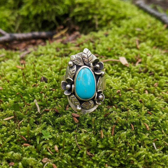 Gold Brass Blooms Ring ◇ King Manassa Turquoise + Gold Brass ◇ Size 8.25