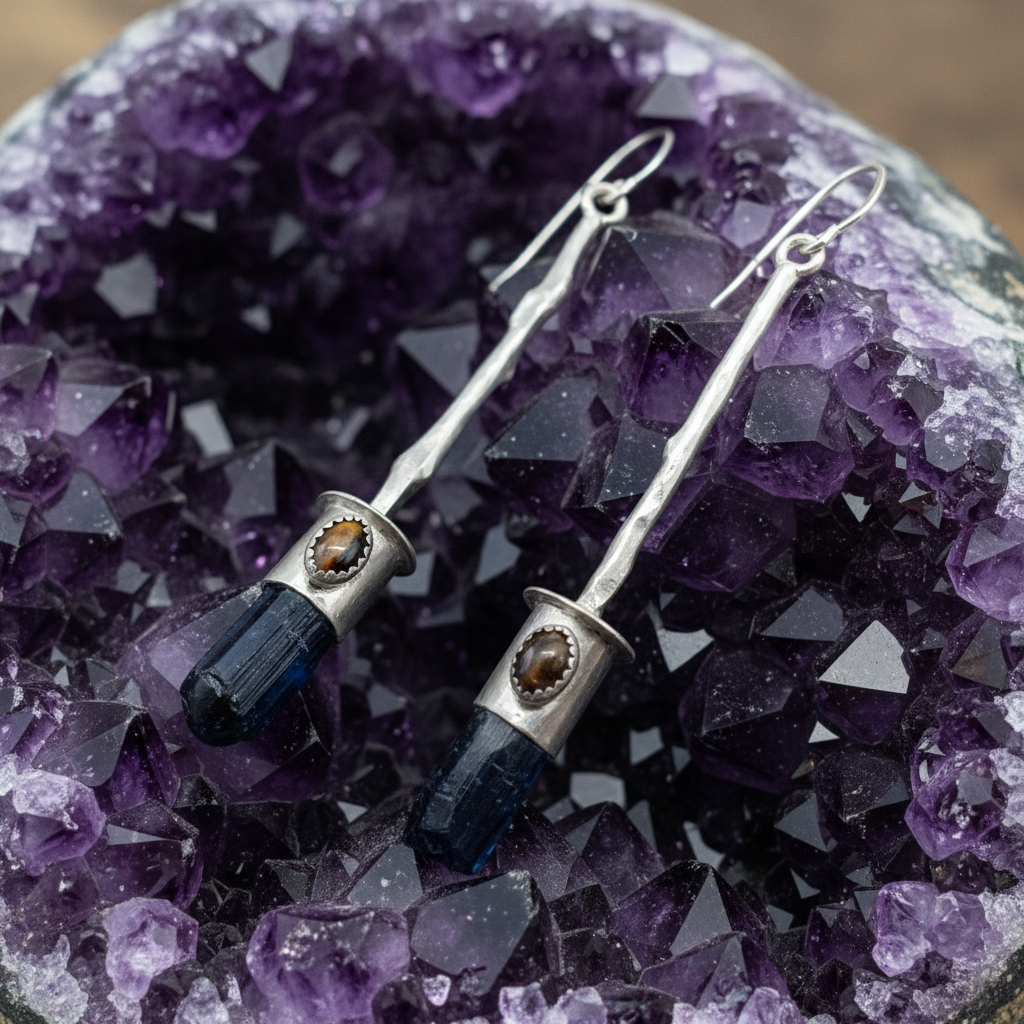 Broomstick Earrings ☪︎ Black Tourmaline + Split Pink Opal / Black Opal