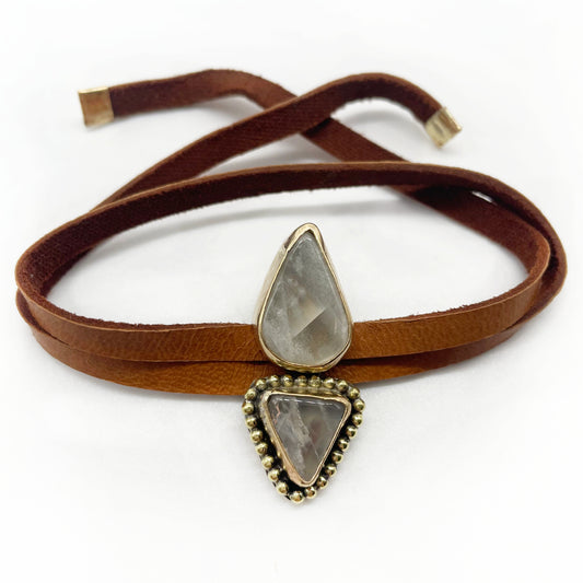 Traveler's Tie Bracelet ▼ Moonstone + Gold Brass + Deer Lace