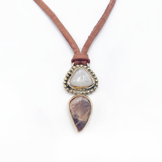 Wilder Necklace ▼ Moonstone + Gold Brass + Deer Lace Leather ▼ 14"