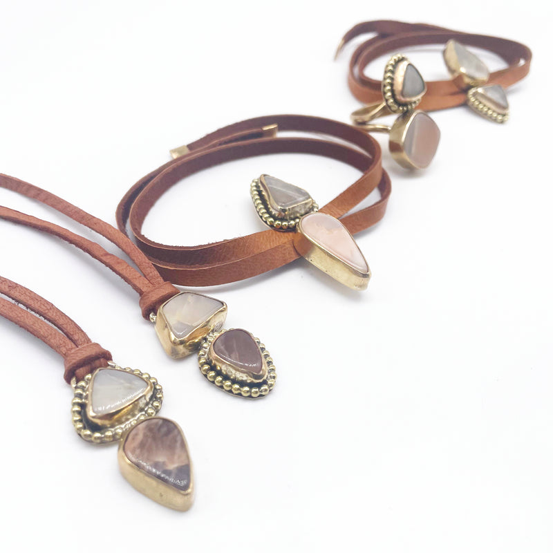 Traveler's Tie Bracelet ▼ Moonstone + Gold Brass + Deer Lace