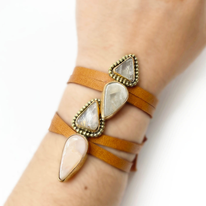 Traveler's Tie Bracelet ▼ Moonstone + Gold Brass + Deer Lace