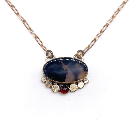 Dark Beauty Necklace ◇ Montana Agate + Red Garnet + Gold Brass ◇ 14"