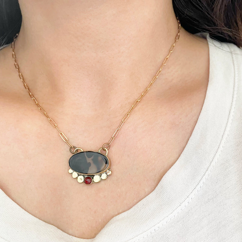 Dark Beauty Necklace ◇ Montana Agate + Red Garnet + Gold Brass ◇ 14"