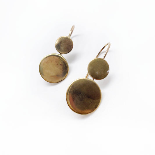 Double Circle Drop Earrings ◇ Gold Brass + 14K Gold-Filled