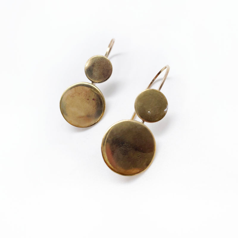 Double Circle Drop Earrings ◇ Gold Brass + 14K Gold-Filled