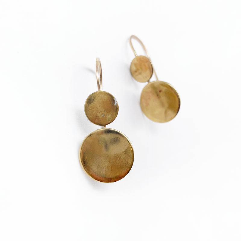 Double Circle Drop Earrings ◇ Gold Brass + 14K Gold-Filled