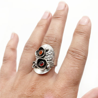 Sterling Blooms Ring ◇ Onyx + Garnet + Sterling Silver ◇ Size 8