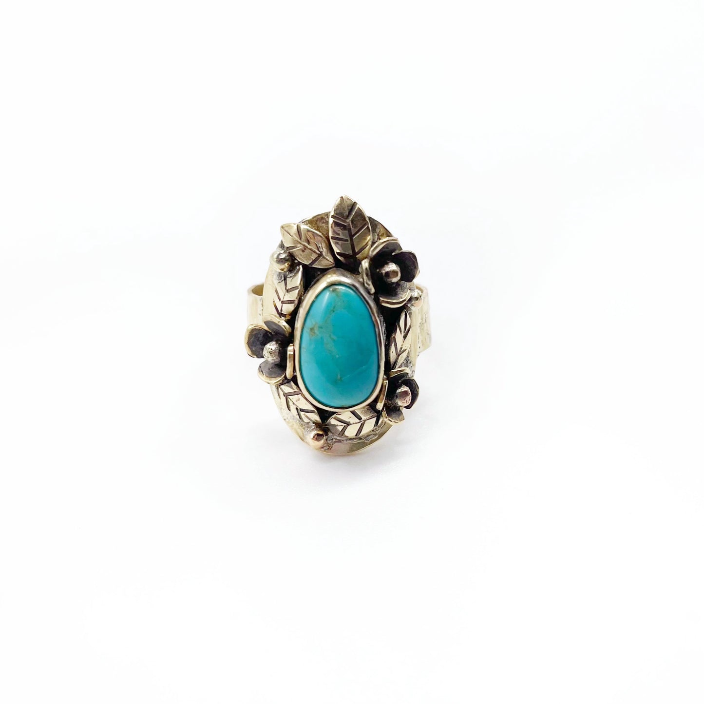 Gold Brass Blooms Ring ◇ King Manassa Turquoise + Gold Brass ◇ Size 8.25