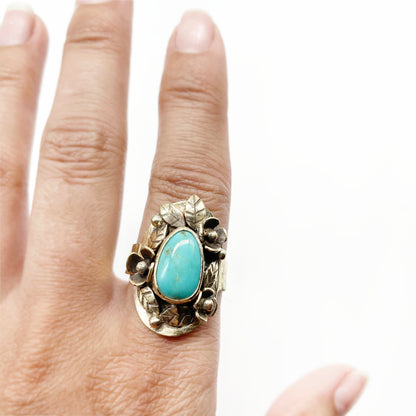 Gold Brass Blooms Ring ◇ King Manassa Turquoise + Gold Brass ◇ Size 8.25