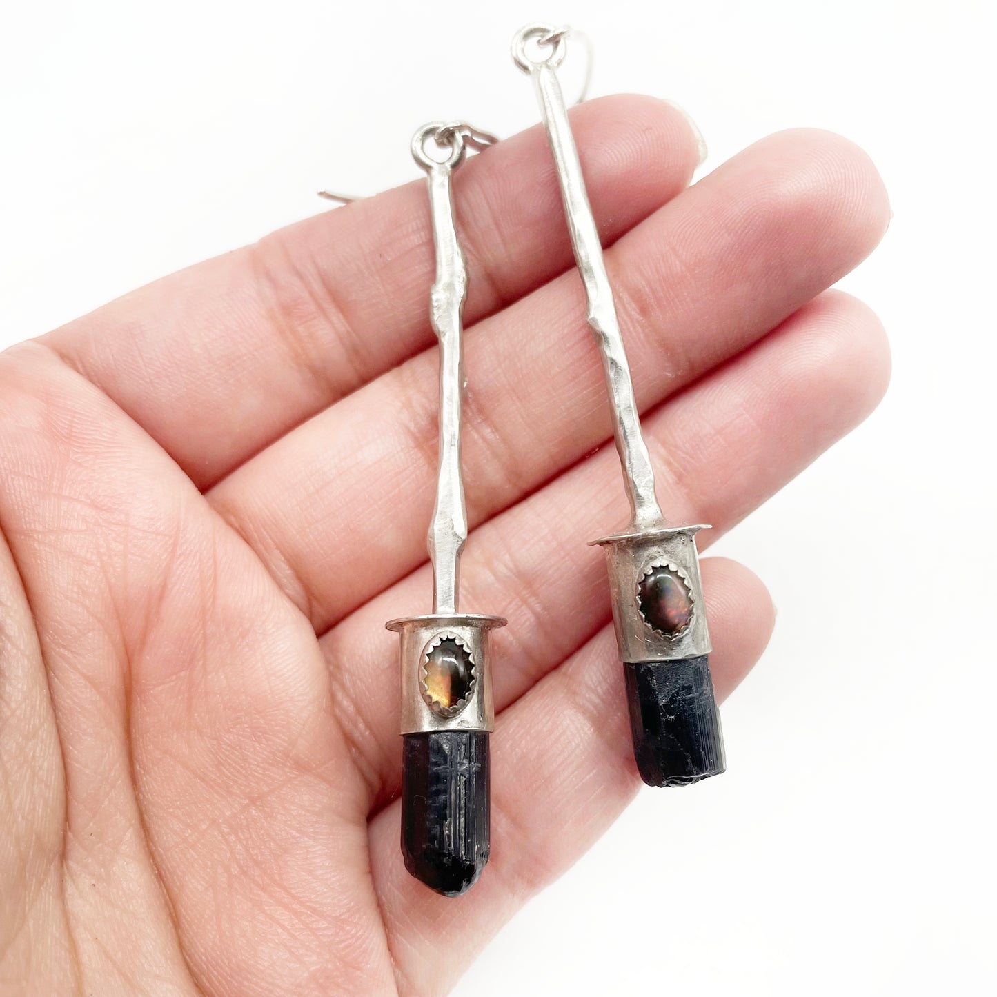 Broomstick Earrings ☪︎ Black Tourmaline + Split Pink Opal / Black Opal